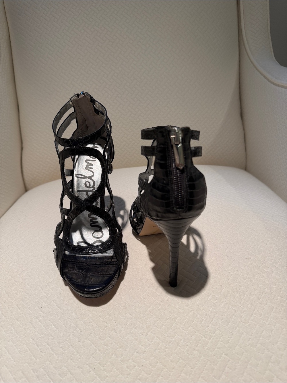 Sam Edelman Black Strappy Croc-Embossed High Heel Sandals - Picture 2 of 4